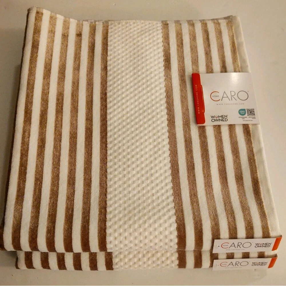 💥2pc CARO HOME 100% Cotton Stripe Bath Towels - Cream/Gold